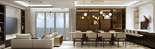 Classical Residence — ห้องนั่งเล่นและรับประทานอาหารพร้อมตู้โชว์สีเข้ม