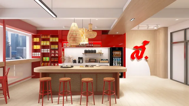 Workplace in Colour — แพนทรีสำนักงานโทนแดงพร้อมเคาน์เตอร์สูง